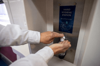 Hand sanitizing stations available onboard all Pacific Surfliner trains. Photo provided courtesy of LOSSAN Rail Corridor Agency.